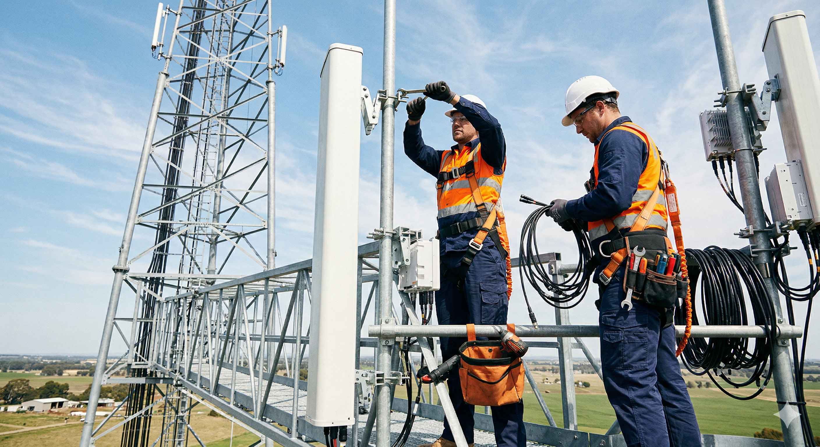 Mokna.ai — crew performing a tower installation at a rural cell site