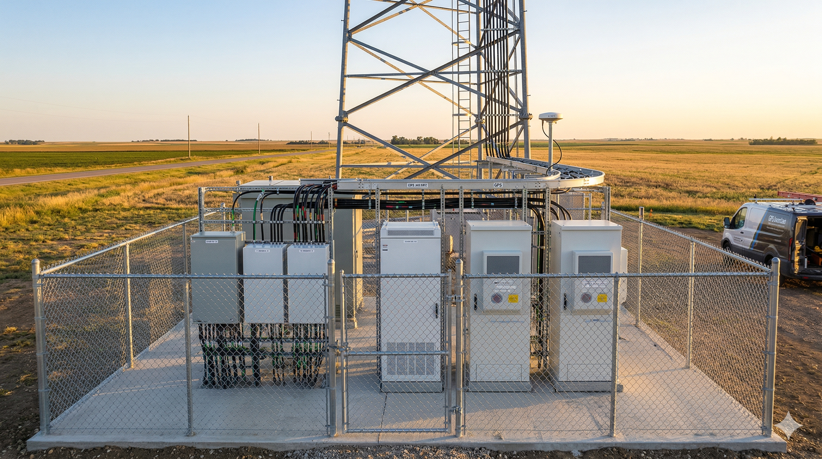 Mokna.ai — antenna array and line work on a communications tower